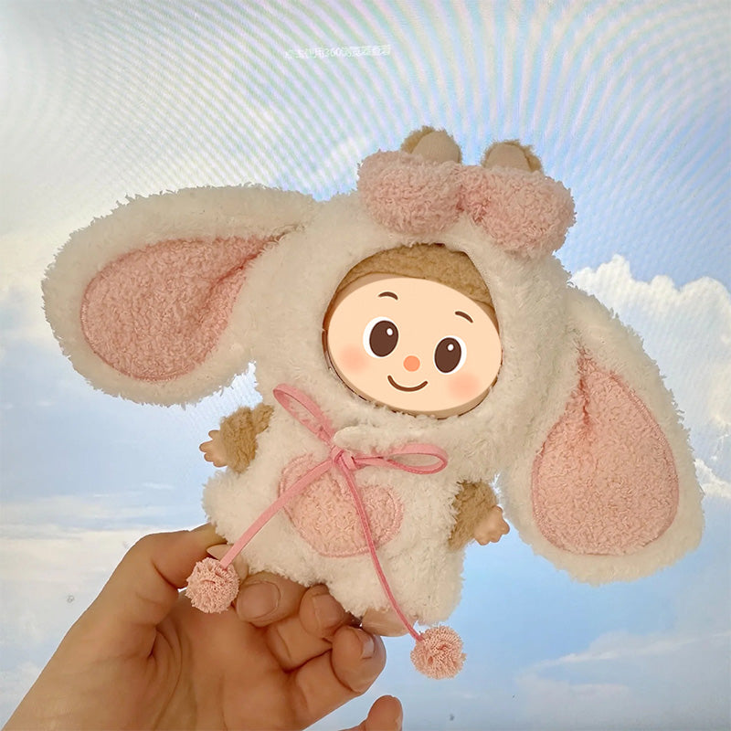 Fluffy Bunny Outfit for Labubu Dolls – 2-Piece White and Pink Heart Hoodie Set