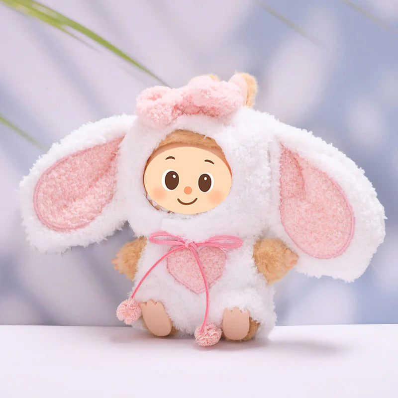 Fluffy Bunny Outfit for Labubu Dolls – 2-Piece White and Pink Heart Hoodie Set