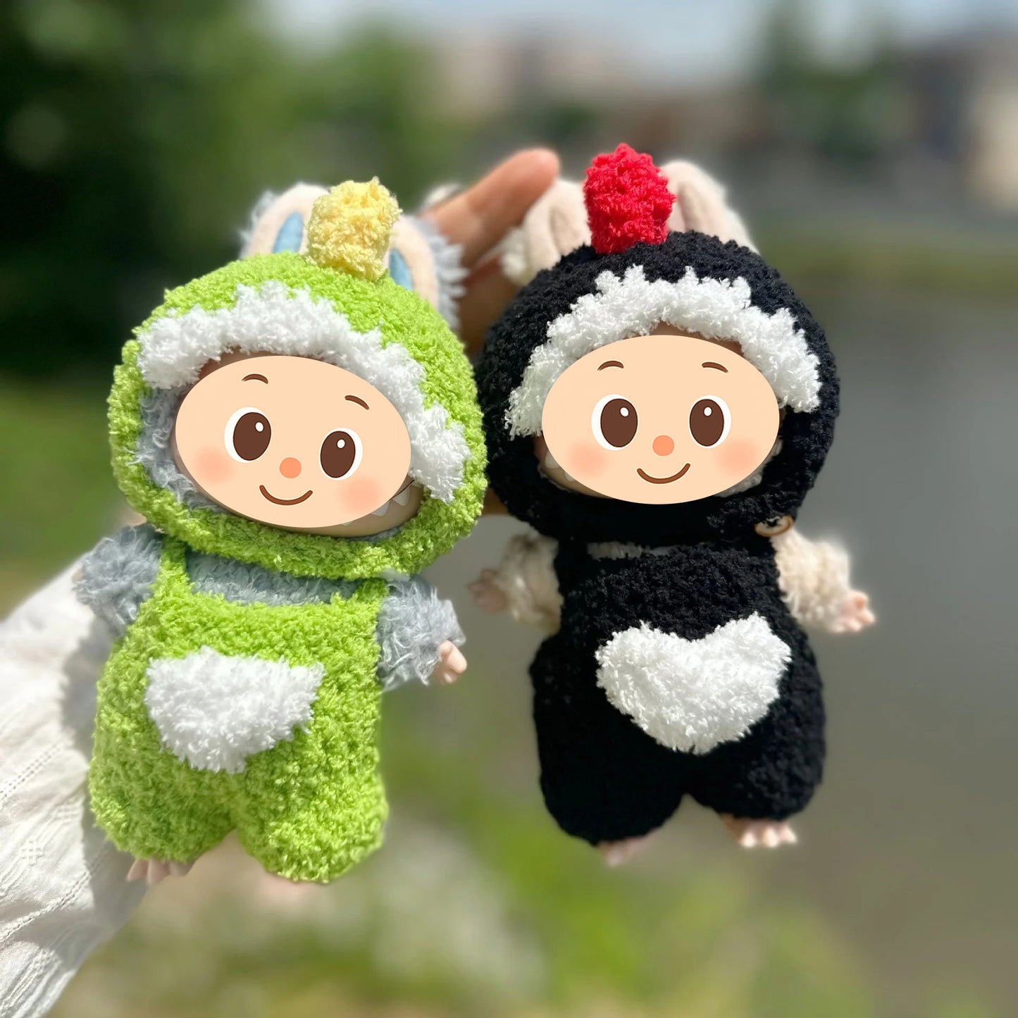 Handmade Dinosaur Costume Set for Dolls – 2-Piece Fuzzy Outfit Compatible with Labubu – Include Hat and Jumpsuit
