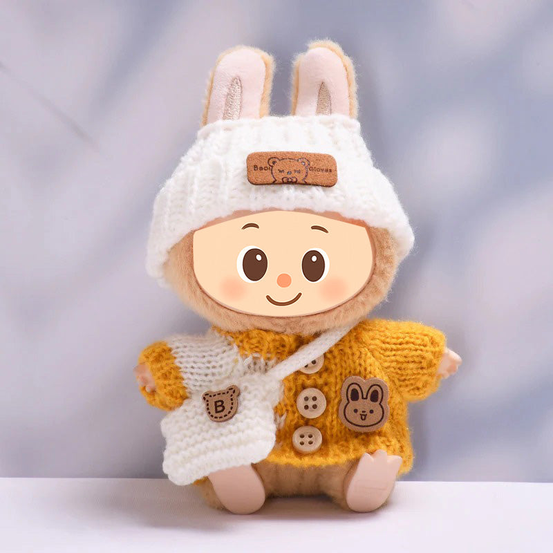 Knitted Outfit Set for Dolls Compatible with Labubu – Handmade Sweater, Hat & Bag