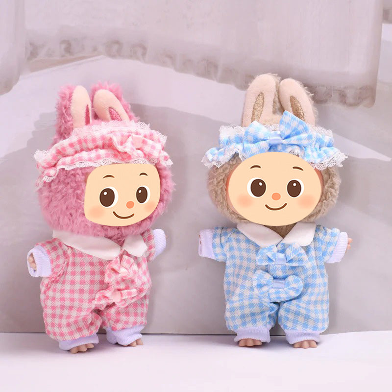 Sweet Plaid Doll Clothes Set – 2-Piece Outfit with Lace Headband and Bow Romper – Fit for 15–17cm Dolls Like Labubu