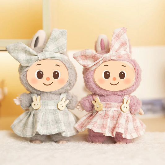 Plaid Doll Dress Set Compatible with Labubu – Handmade Bunny Strap Outfit with Matching Bow Headband – 2 Pastel Options