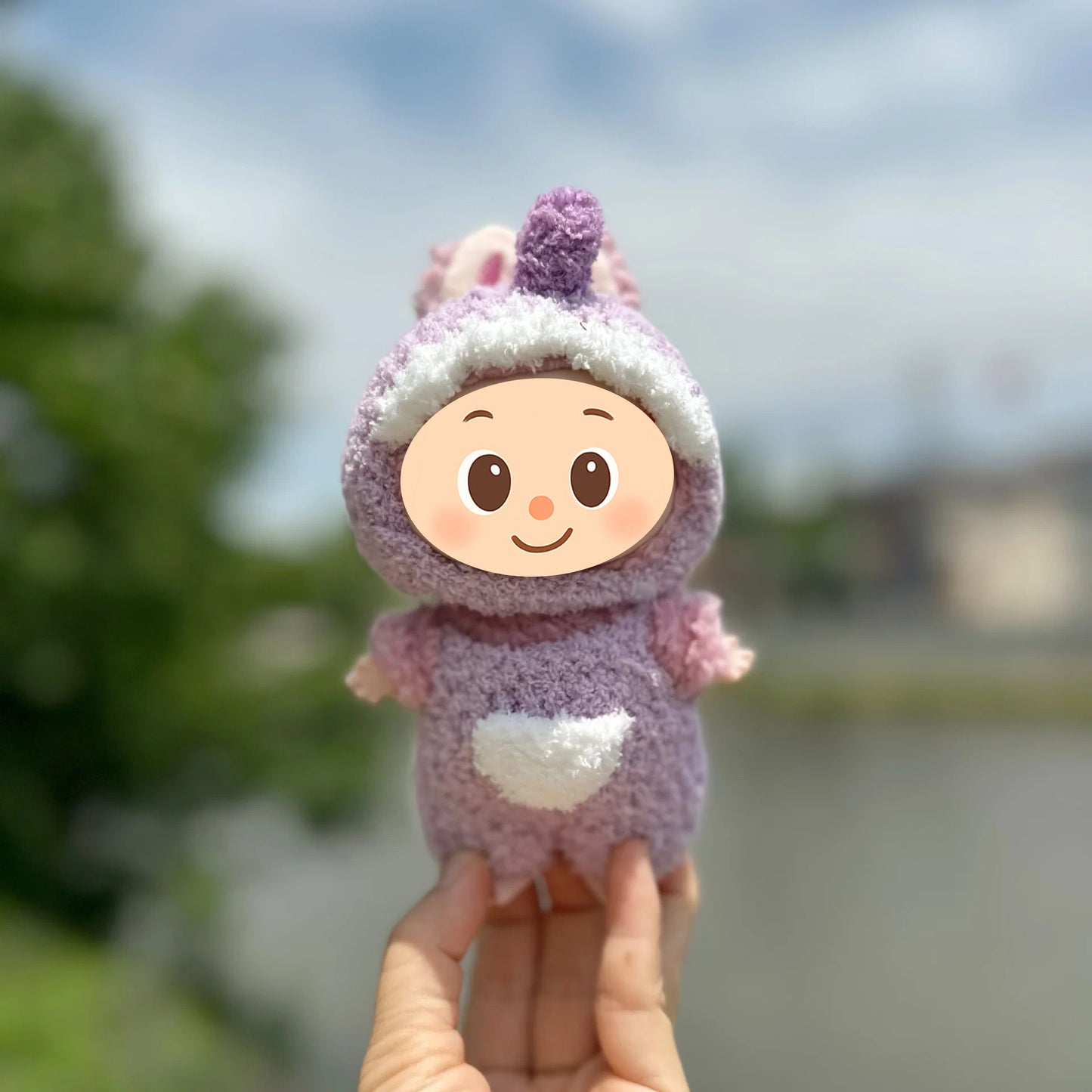 Handmade Dinosaur Costume Set for Dolls – 2-Piece Fuzzy Outfit Compatible with Labubu – Include Hat and Jumpsuit