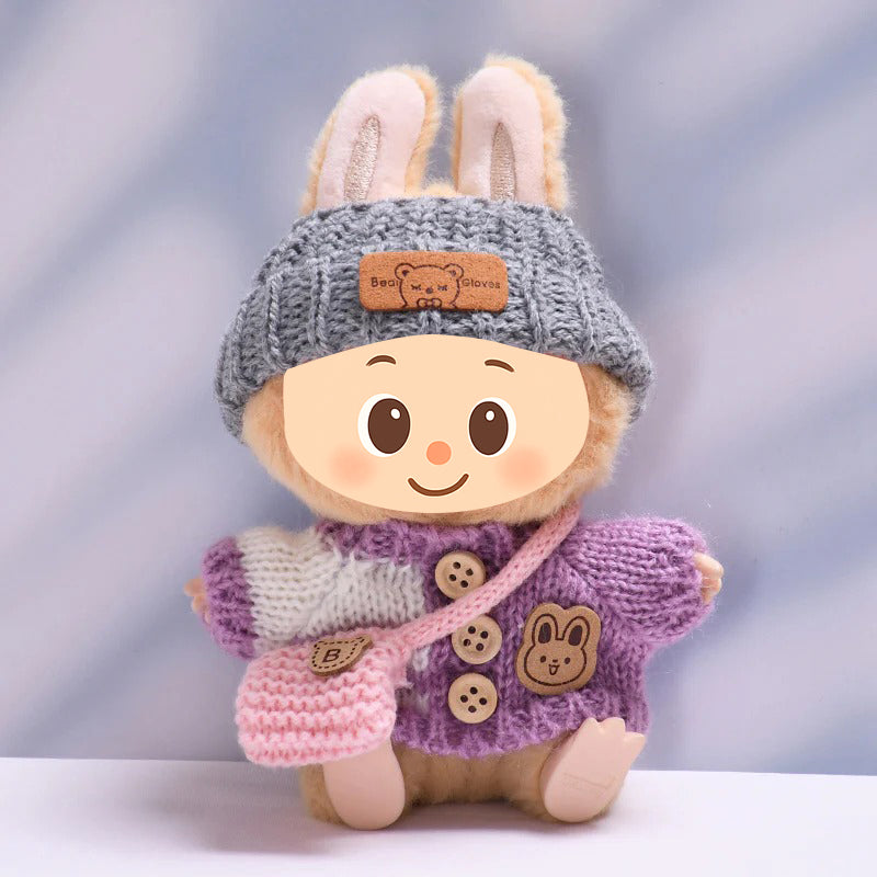 Knitted Outfit Set for Dolls Compatible with Labubu – Handmade Sweater, Hat & Bag