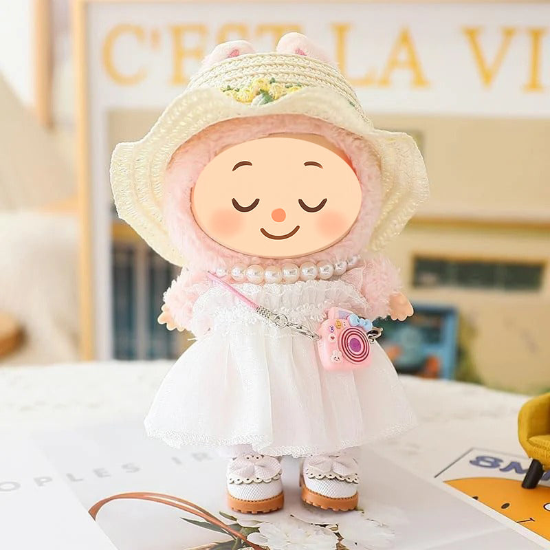Handmade Elegant Summer Dress Set for Labubu-Style Dolls – 5-Piece Outfit with Hat, Shoes, and Accessories (15–17cm Compatible)