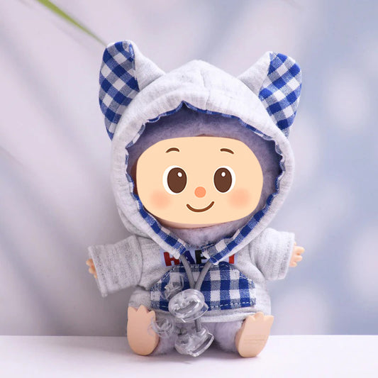 Handmade Cat-Ear Hoodie for Labubu-Compatible Dolls – Cozy Pullover Sweatshirt with Gingham Details