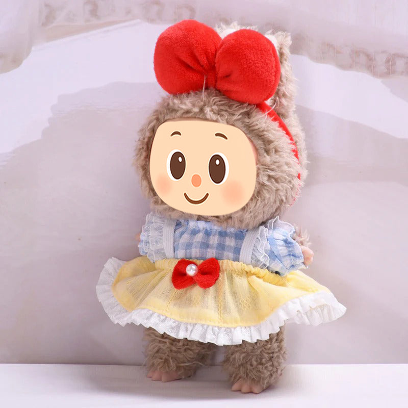 Gingham Dress for Labubu – 3-Piece Yellow Skirt Outfit with Red Bow