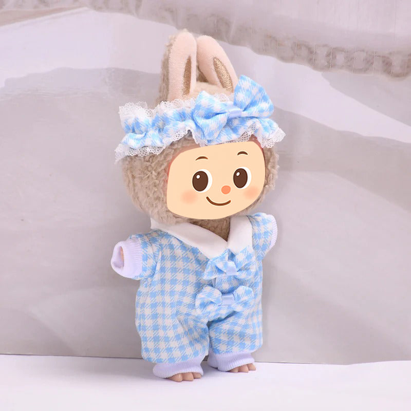 Sweet Plaid Doll Clothes Set – 2-Piece Outfit with Lace Headband and Bow Romper – Fit for 15–17cm Dolls Like Labubu