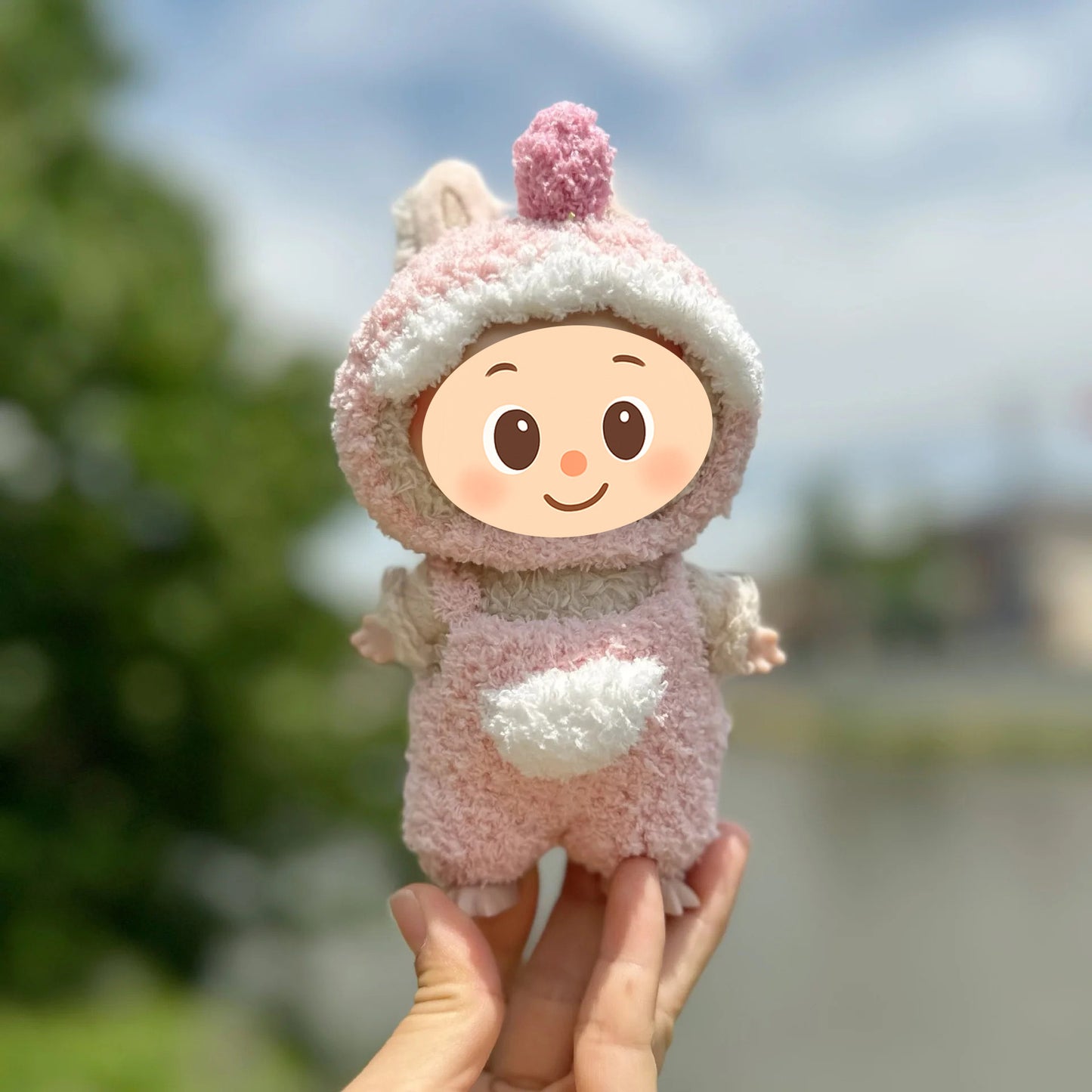 Handmade Dinosaur Costume Set for Dolls – 2-Piece Fuzzy Outfit Compatible with Labubu – Include Hat and Jumpsuit