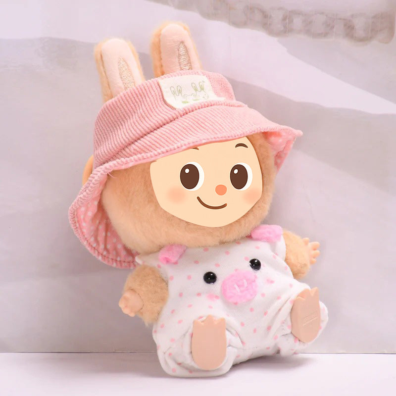 Piggy Romper Set for Labubu-Style Dolls – Soft Pink Outfit with Bucket Hat for 15–17cm Figures