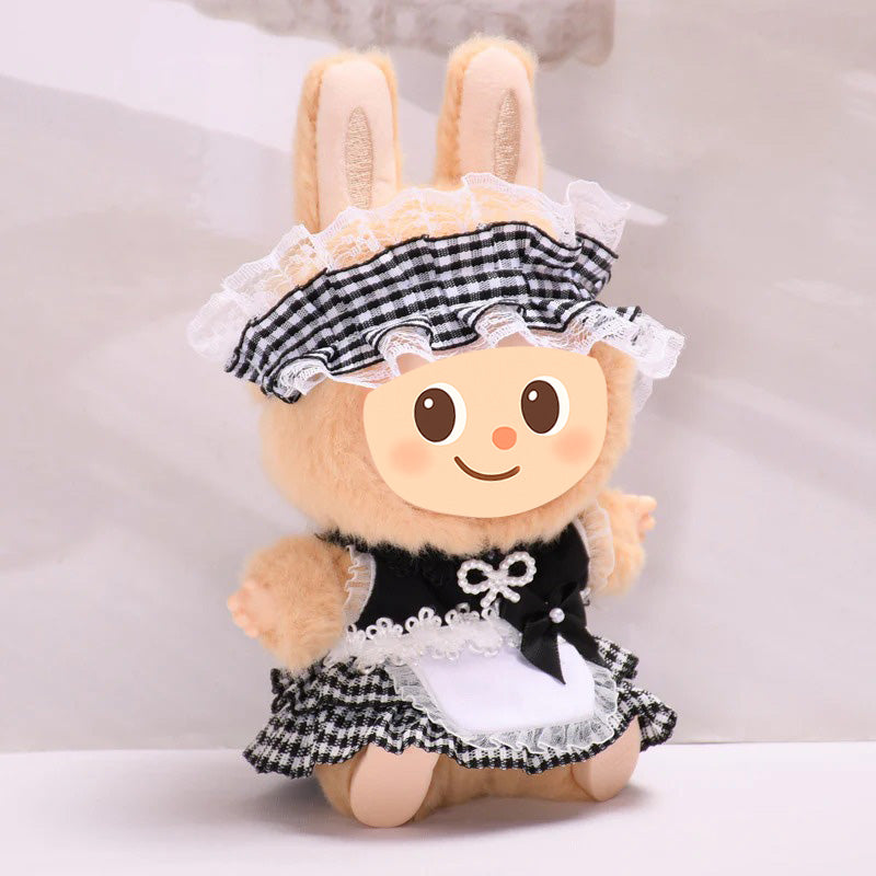 Handmade Maid Outfit Set for Labubu Compatible Dolls – 4-Piece Checkered Costume with Apron and Headband