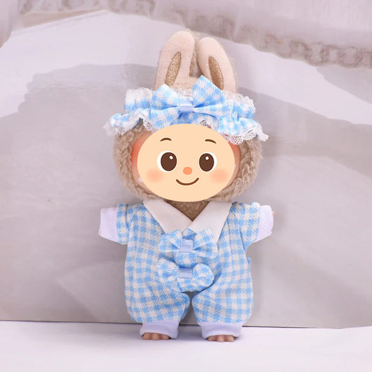 Sweet Plaid Doll Clothes Set – 2-Piece Outfit with Lace Headband and Bow Romper – Fit for 15–17cm Dolls Like Labubu