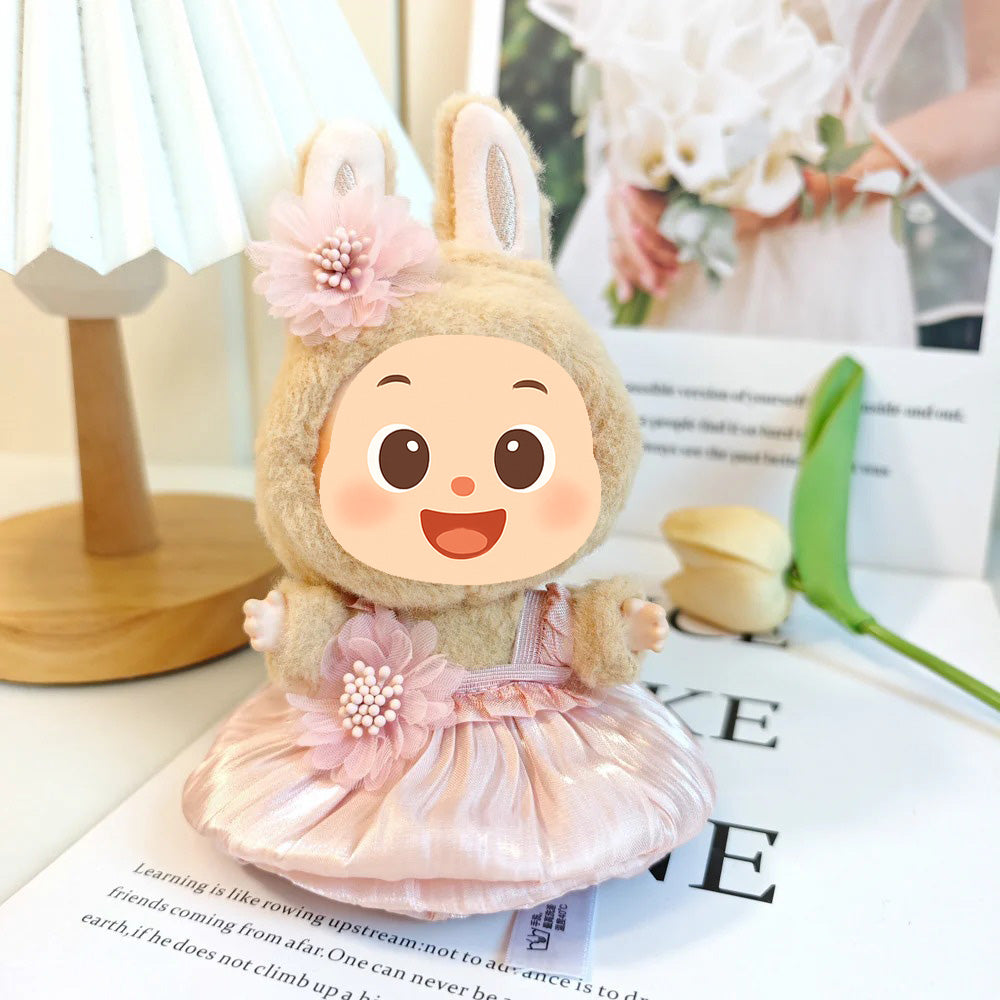 Handmade Elegant Dress Set for Labubu Dolls – 2-Piece Outfit with Pleated Skirt and Floral Headpiece