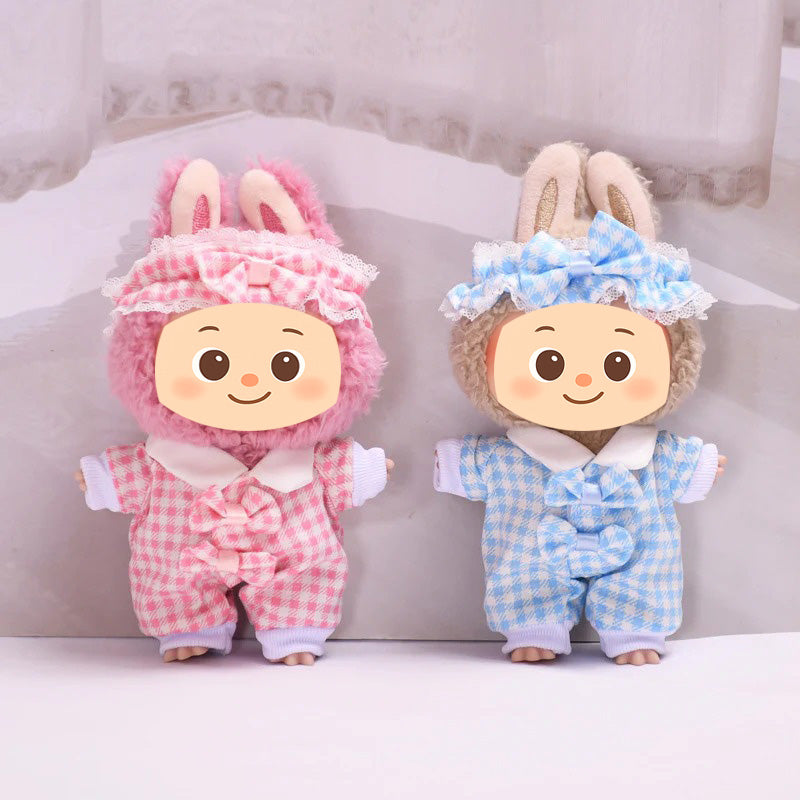 Sweet Plaid Doll Clothes Set – 2-Piece Outfit with Lace Headband and Bow Romper – Fit for 15–17cm Dolls Like Labubu