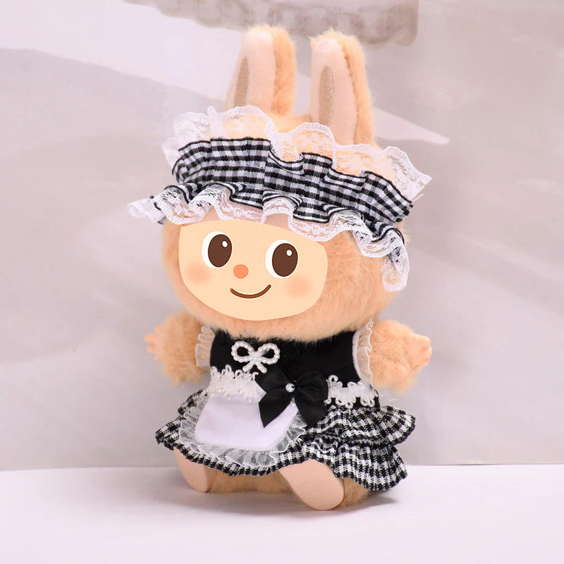 Handmade Maid Outfit Set for Labubu Compatible Dolls – 4-Piece Checkered Costume with Apron and Headband
