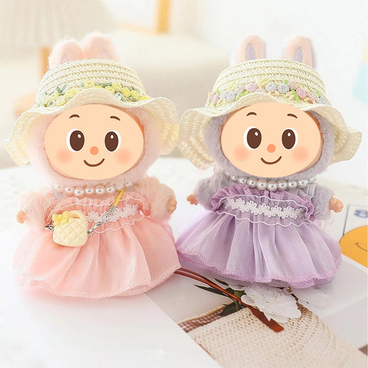 Handmade Elegant Summer Dress Set for Labubu-Style Dolls – 5-Piece Outfit with Hat, Shoes, and Accessories (15–17cm Compatible)