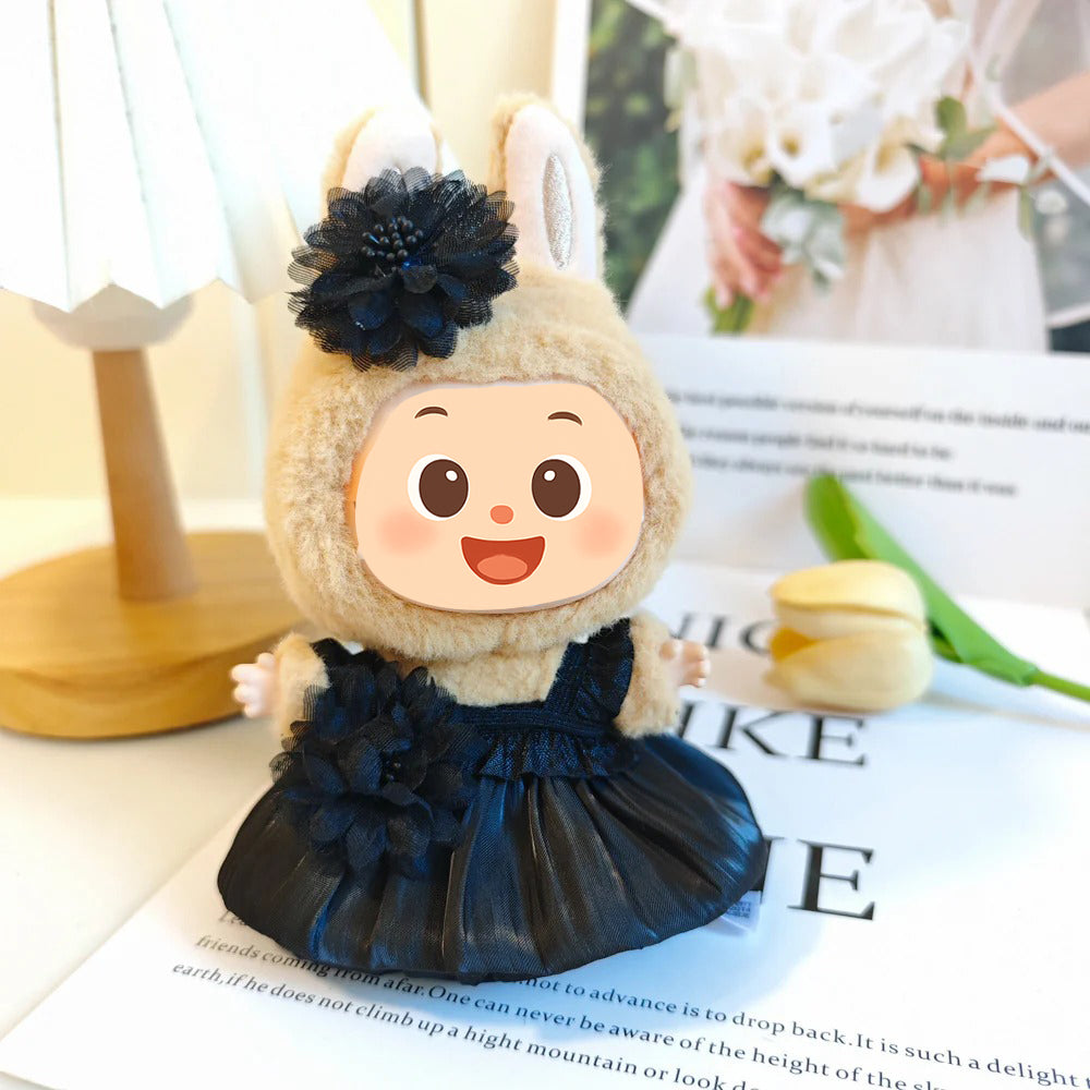 Handmade Elegant Dress Set for Labubu Dolls – 2-Piece Outfit with Pleated Skirt and Floral Headpiece