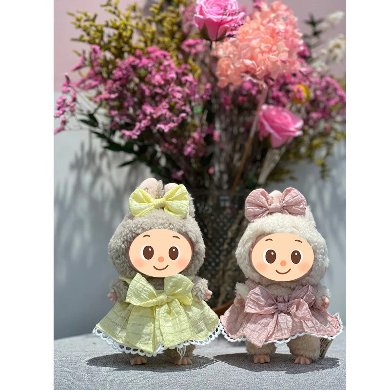 Doll Dress Set Compatible with Labubu – Handmade Bow Outfit with Headband in 4 Elegant Colors