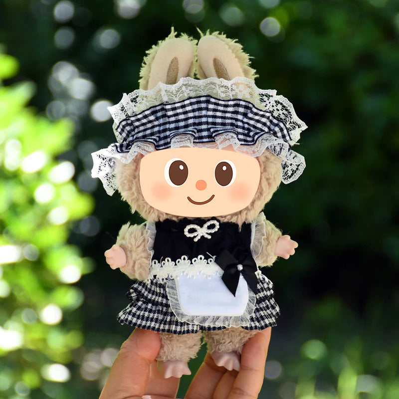 Handmade Maid Outfit Set for Labubu Compatible Dolls – 4-Piece Checkered Costume with Apron and Headband