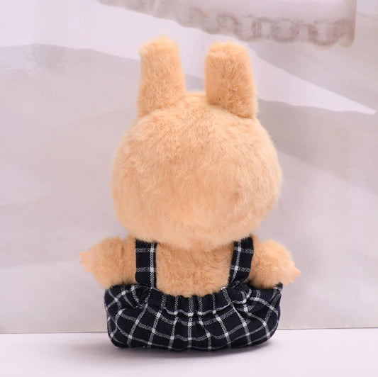 Woolen Overalls Outfit Set Fit for Labubu – 3-Piece Cozy Plaid Doll Clothes – Includes Denim Smile Hat, White Sweater Top, and Handmade Plaid Overalls