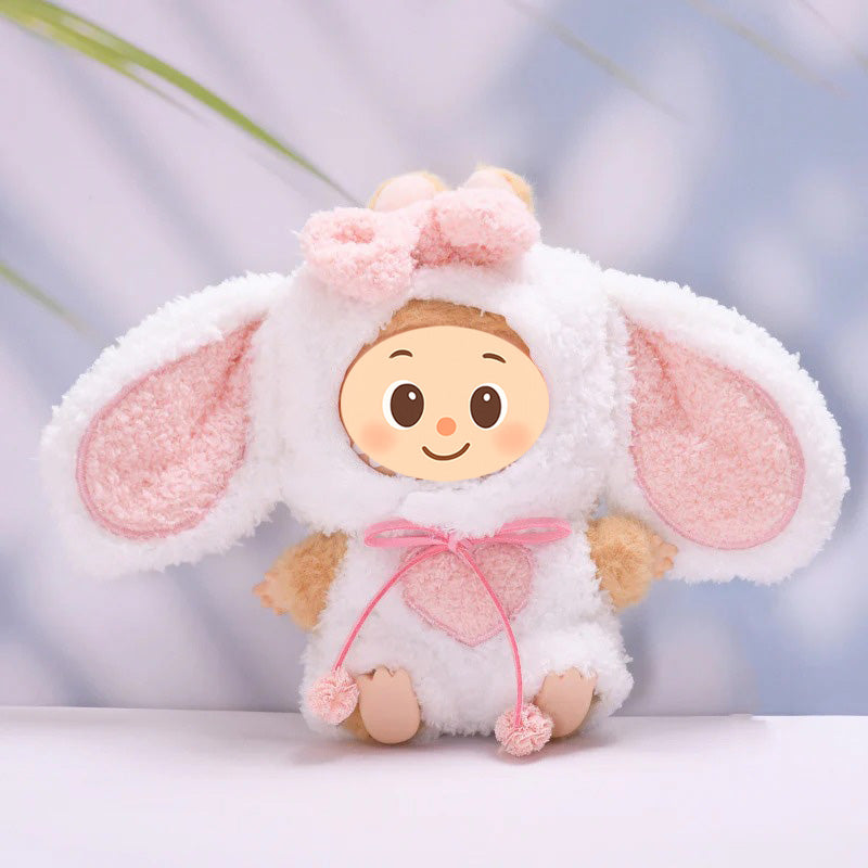 Fluffy Bunny Outfit for Labubu Dolls – 2-Piece White and Pink Heart Hoodie Set