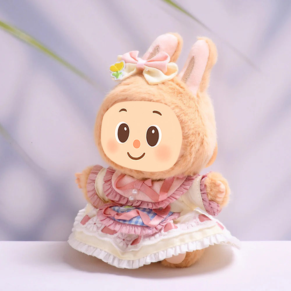 Vintage-Inspired Doll Dress Set – Fit for 15–17cm Labubu-Compatible Dolls – Lace Apron Style with Hair Bow