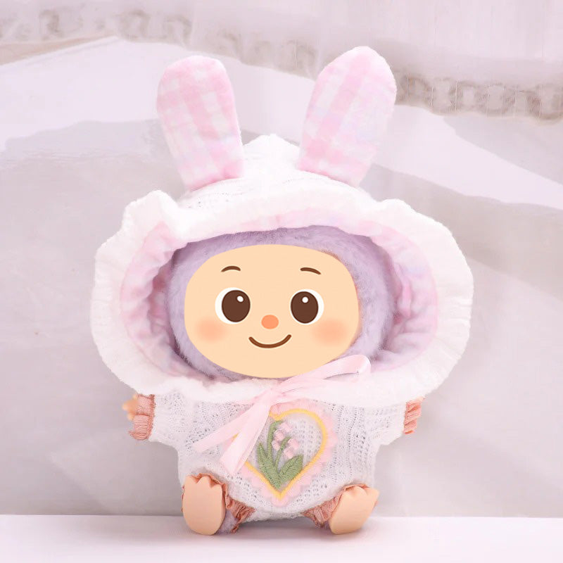 Handmade Knit Hoodie Outfit for 15–17cm Dolls – Fit for Labubu – Bunny Ears & Embroidered Heart