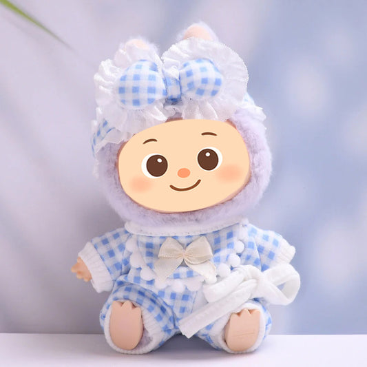 Gingham Pajama Set for Labubu – 3-Piece Sleepwear Outfit with Robe, Bib & Headband – Fit 15–17cm Dolls