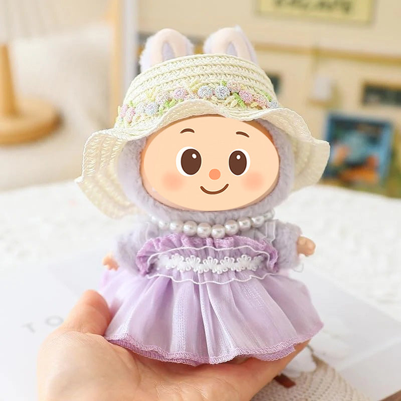 Handmade Elegant Summer Dress Set for Labubu-Style Dolls – 5-Piece Outfit with Hat, Shoes, and Accessories (15–17cm Compatible)