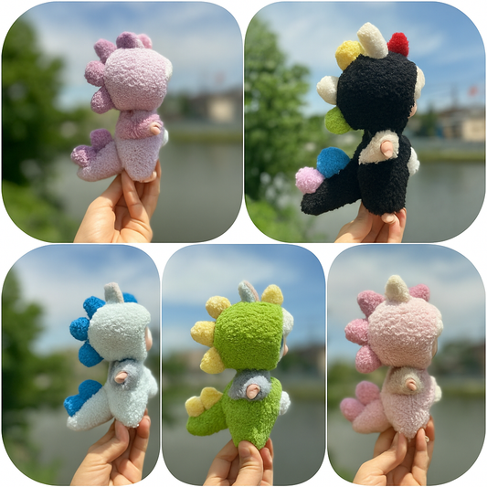 Handmade Dinosaur Costume Set for Dolls – 2-Piece Fuzzy Outfit Compatible with Labubu – Include Hat and Jumpsuit