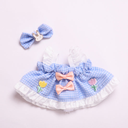 Handmade Gingham Dress Set for Labubu-Compatible Dolls – 2-Piece Blue Outfit with Floral Embroidery and Bow Clip
