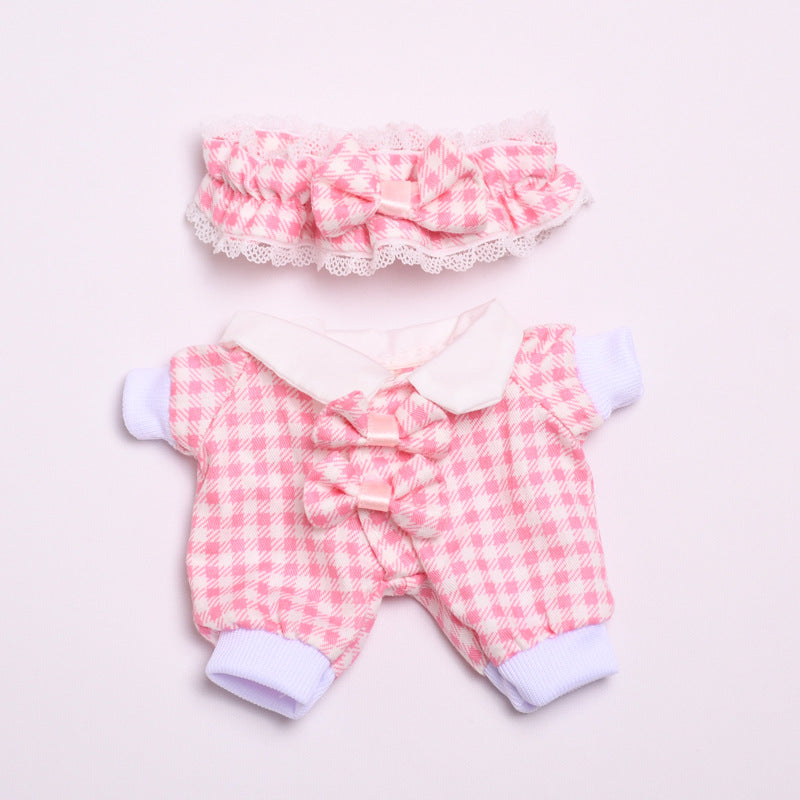 Sweet Plaid Doll Clothes Set – 2-Piece Outfit with Lace Headband and Bow Romper – Fit for 15–17cm Dolls Like Labubu