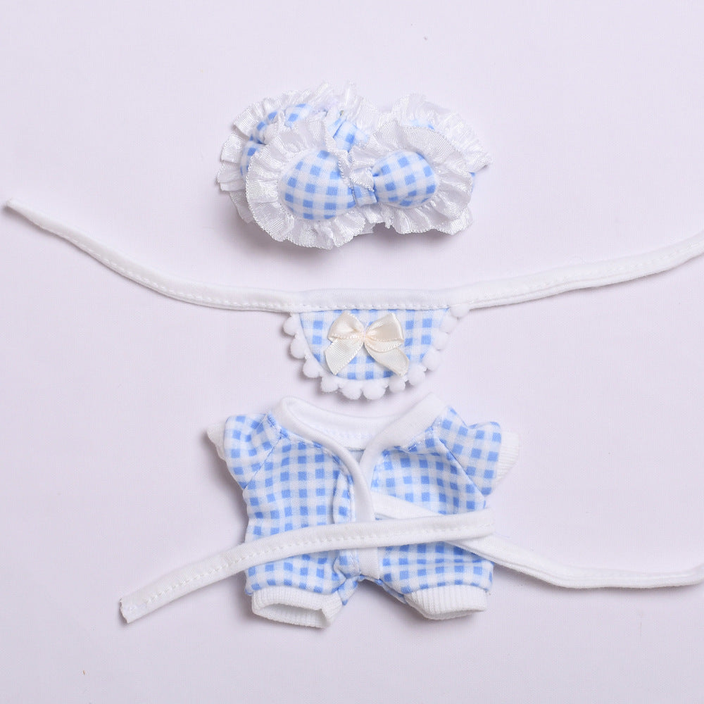 Gingham Pajama Set for Labubu – 3-Piece Sleepwear Outfit with Robe, Bib & Headband – Fit 15–17cm Dolls
