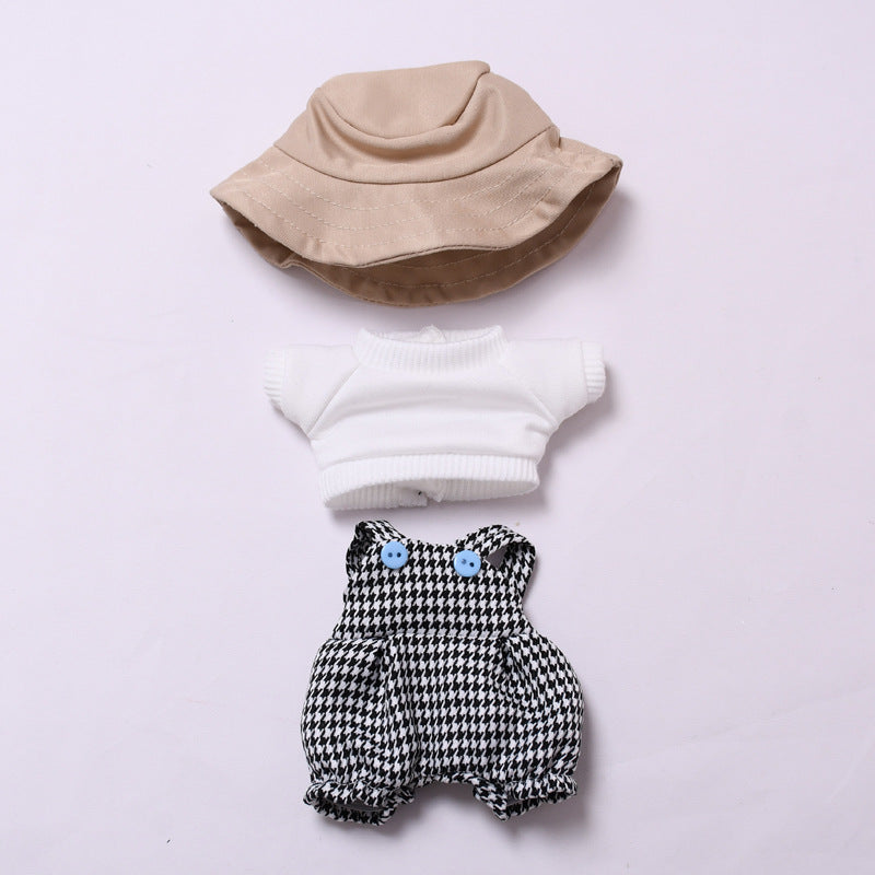 Handmade Houndstooth Overalls Outfit for Labubu-Compatible Dolls – 3-Piece Vintage Casual Set with Hat, Knit Top & Straps