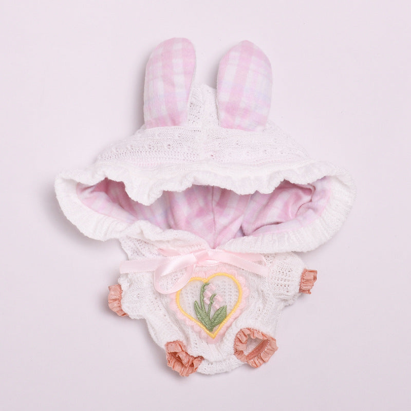 Handmade Knit Hoodie Outfit for 15–17cm Dolls – Fit for Labubu – Bunny Ears & Embroidered Heart