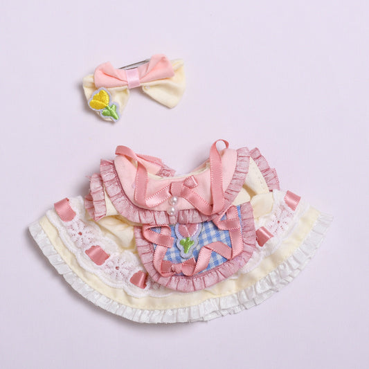 Vintage-Inspired Doll Dress Set – Fit for 15–17cm Labubu-Compatible Dolls – Lace Apron Style with Hair Bow
