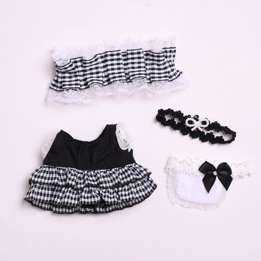 Handmade Maid Outfit Set for Labubu Compatible Dolls – 4-Piece Checkered Costume with Apron and Headband