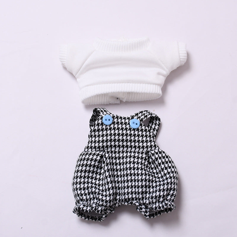 Handmade Houndstooth Overalls Outfit for Labubu-Compatible Dolls – 3-Piece Vintage Casual Set with Hat, Knit Top & Straps