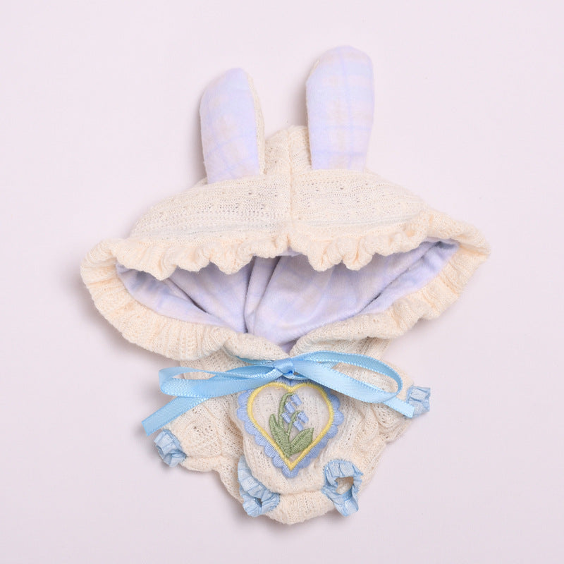 Handmade Knit Hoodie Outfit for 15–17cm Dolls – Fit for Labubu – Bunny Ears & Embroidered Heart