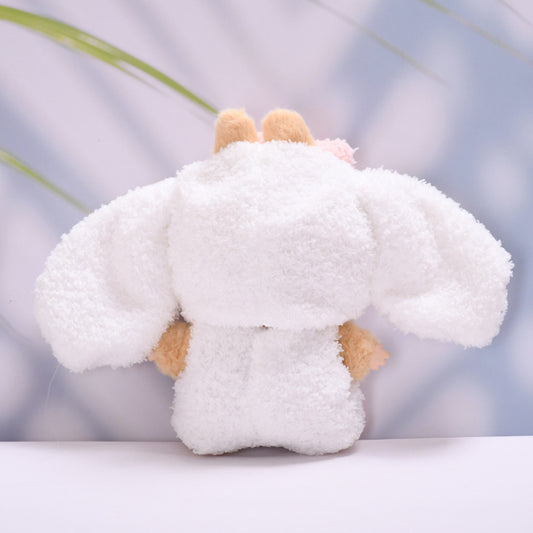 Fluffy Bunny Outfit for Labubu Dolls – 2-Piece White and Pink Heart Hoodie Set