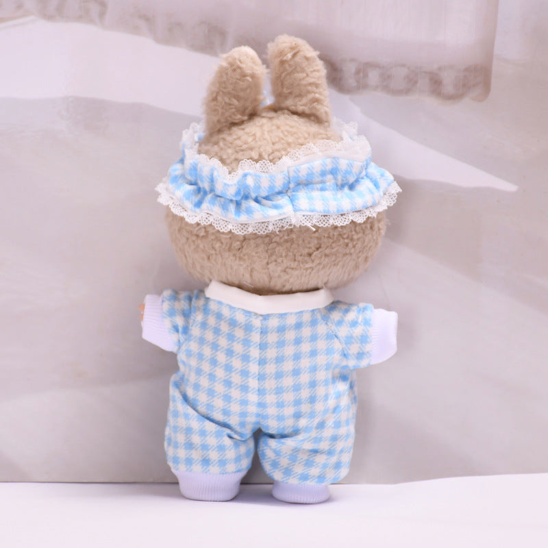 Sweet Plaid Doll Clothes Set – 2-Piece Outfit with Lace Headband and Bow Romper – Fit for 15–17cm Dolls Like Labubu