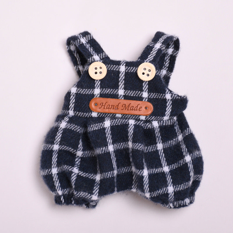 Woolen Overalls Outfit Set Fit for Labubu – 3-Piece Cozy Plaid Doll Clothes – Includes Denim Smile Hat, White Sweater Top, and Handmade Plaid Overalls