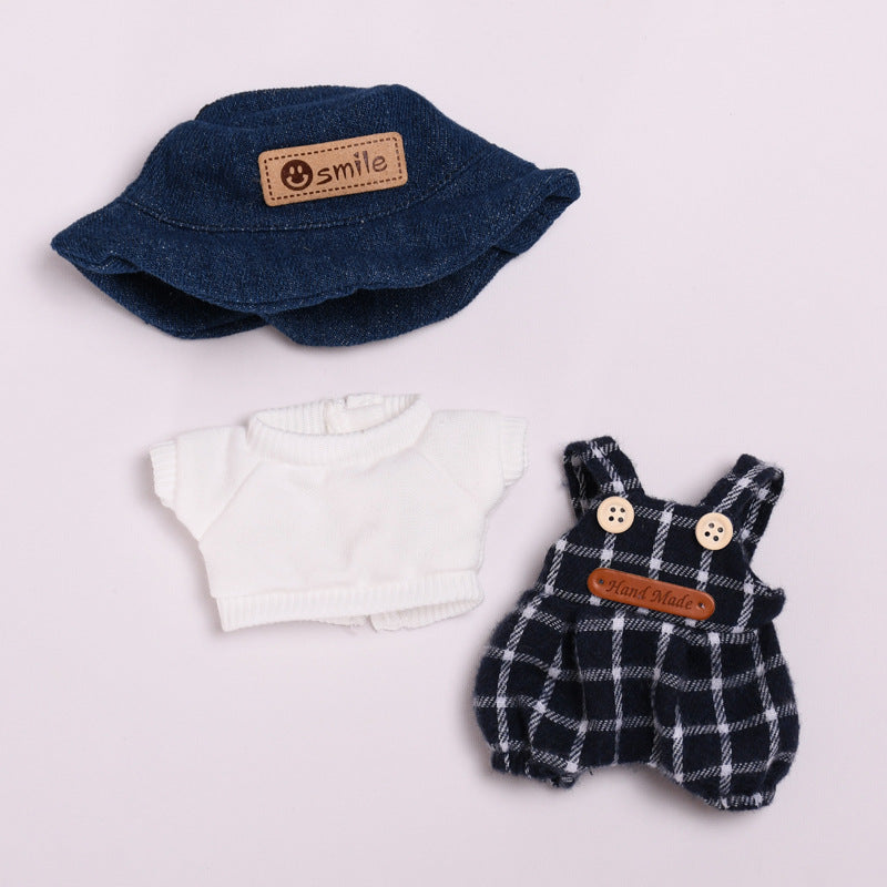 Woolen Overalls Outfit Set Fit for Labubu – 3-Piece Cozy Plaid Doll Clothes – Includes Denim Smile Hat, White Sweater Top, and Handmade Plaid Overalls