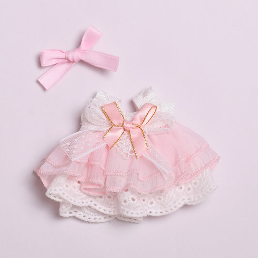Handmade Pink Lace Doll Dress with Bow – Compatible with Labubu – Fits 15–20cm Dolls