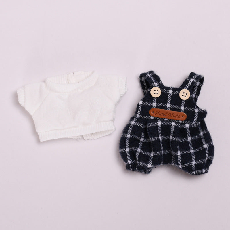 Woolen Overalls Outfit Set Fit for Labubu – 3-Piece Cozy Plaid Doll Clothes – Includes Denim Smile Hat, White Sweater Top, and Handmade Plaid Overalls