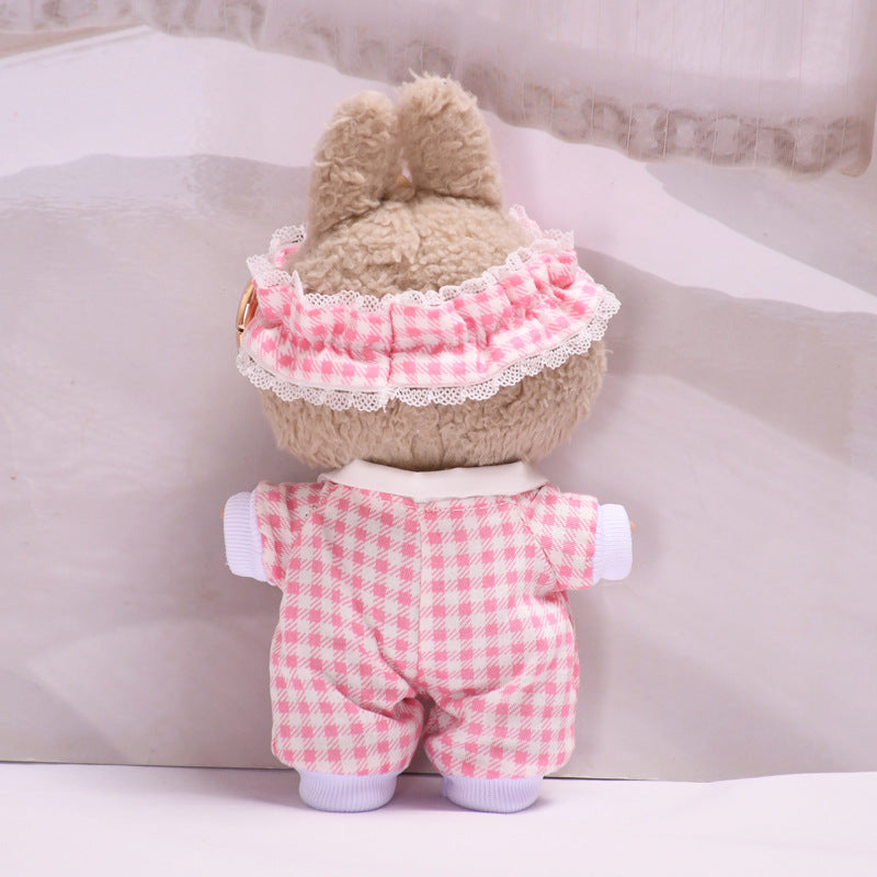 Sweet Plaid Doll Clothes Set – 2-Piece Outfit with Lace Headband and Bow Romper – Fit for 15–17cm Dolls Like Labubu