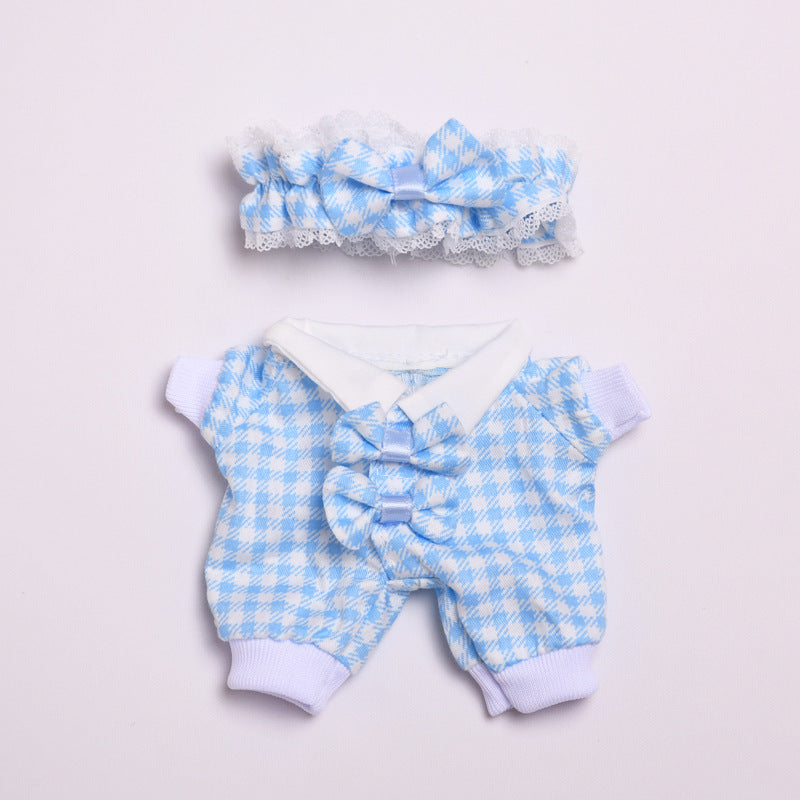 Sweet Plaid Doll Clothes Set – 2-Piece Outfit with Lace Headband and Bow Romper – Fit for 15–17cm Dolls Like Labubu
