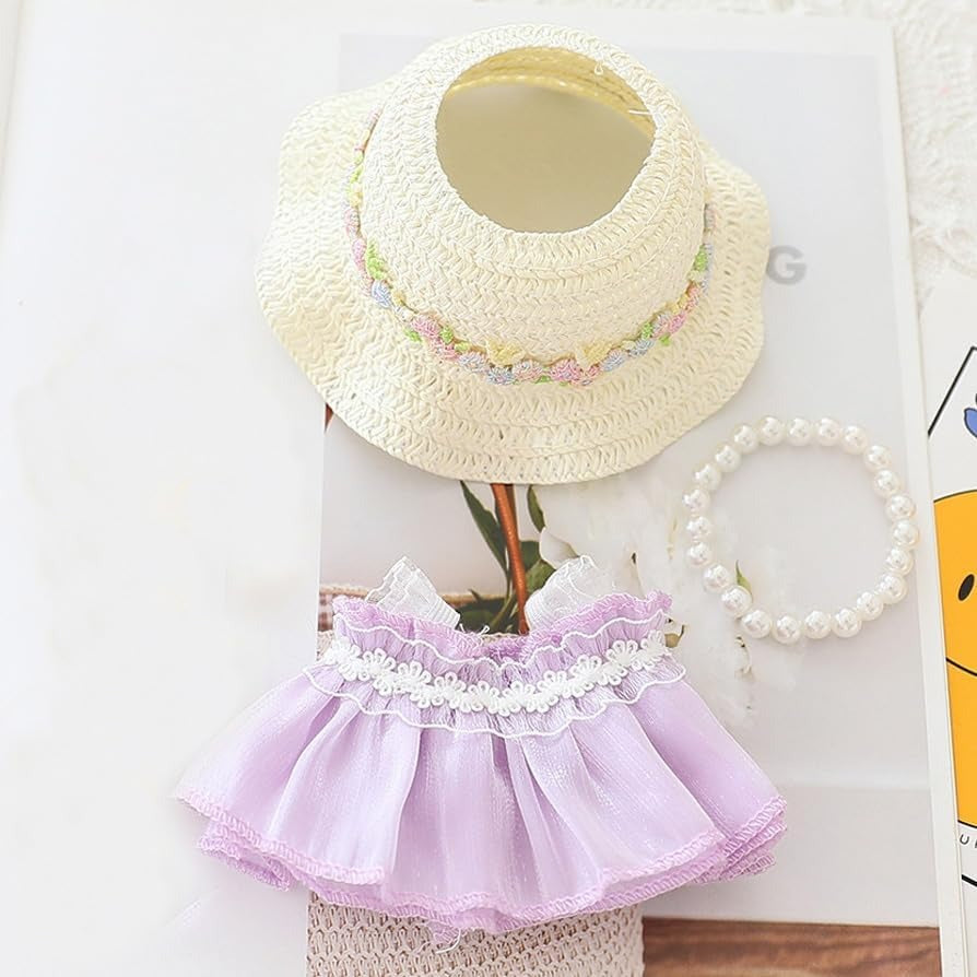 Handmade Elegant Summer Dress Set for Labubu-Style Dolls – 5-Piece Outfit with Hat, Shoes, and Accessories (15–17cm Compatible)