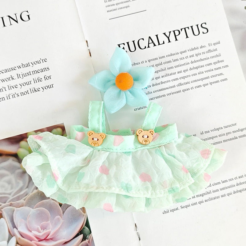 Handmade Heart-Tulle Doll Dress for Labubu – Soft Ruffle Outfit with Bear Buttons & Flower Clip – 3 Dreamy Color Options
