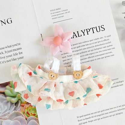 Handmade Heart-Tulle Doll Dress for Labubu – Soft Ruffle Outfit with Bear Buttons & Flower Clip – 3 Dreamy Color Options